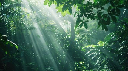 Wall Mural - Rainforest canopy with sunlight filtering through, illustrating the richness and biodiversity of tropical forests