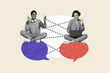 © deagreez - Composite trend artwork 3D image photo collage of speech cloud textbox empty space two young lady online meeting chat hold phone laptop