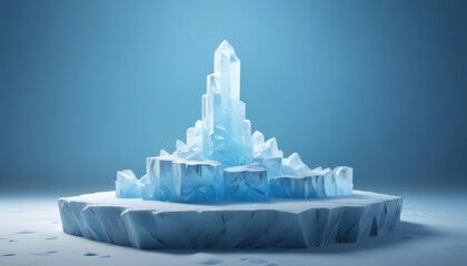 Ice podium background snow winter product platform cold mountain 3D. Podium ice display background cosmetic sky floor blue scene landscape frozen white cool stand pedestal minimal rock glacier nature.