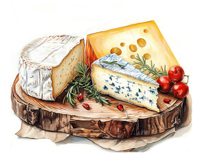 Wall Mural - Three different types of cheese on a wooden board with tomatoes and herbs. Illustration with white background. Healthy eating concept. Production of natural, farm products.