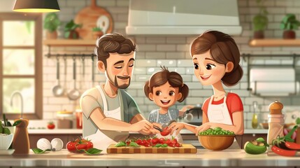 Home Cooking Revival: Illustrate a warm kitchen scene where a family is preparing a meal together, with fresh ingredients and traditional recipes.