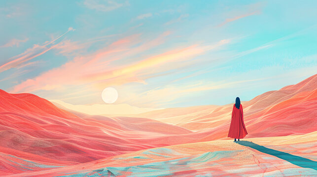 Beautiful surreal illustration of a woman in a desert landscape, symbolizing harmony with nature and spiritual peace