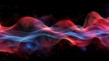 Colorful abstract digital art featuring dynamic sound waves in red and blue on a black background