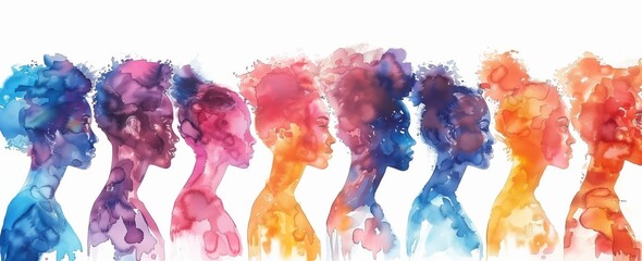 watercolor portrait of diverse ethnic women and men on a white background with blank space for design