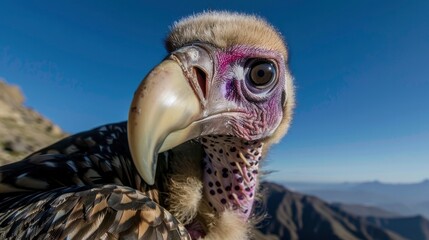 Wall Mural - A close up of the head and neck of an Algerian vulture with purple spots on its feathers.