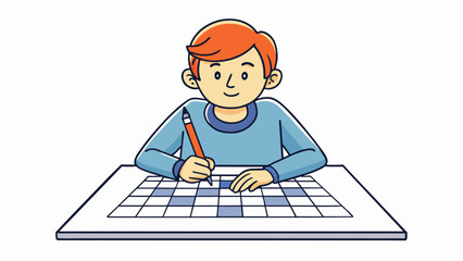 Wall Mural - A person doing a crossword puzzle The person is sitting at a table with a crossword puzzle in front of them. They are focused and have a furrowed brow. Cartoon Vector.