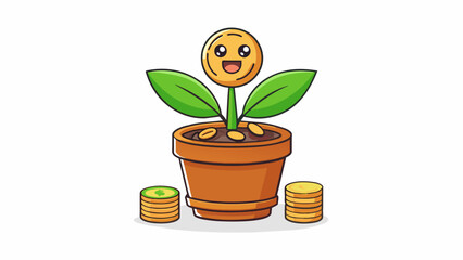 Canvas Print - A plant growing in a pot on a windowsill with coins tered around its base. The plants leaves are vibrant and healthy and the soil is rich and. Cartoon Vector.