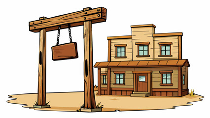 Poster - A rustic wooden sign swings on a post in front of an old saloon swaying back and forth in the warm breeze. The weathered planks of the building creak. Cartoon Vector.