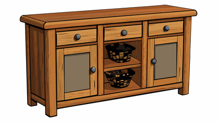 Sticker - A rustic farmhousestyle cabinet made of reclaimed barn wood with a natural finish and iron hardware. The cabinet has three drawers with different. Cartoon Vector.