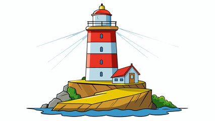 Canvas Print - A significantly bright lighthouse standing tall on a rocky cliff its brilliant light guiding ships safely to shore.. Cartoon Vector.