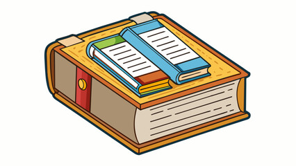 Sticker - A small rectangular box filled with pages bound together and holding information ideas stories and poems written in the English language used for. Cartoon Vector.