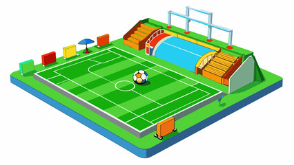 Sticker - A sprawling sports field with a bright green artificial turf and colorful lines marking the boundaries. The bleachers are made of metal and provide. Cartoon Vector.