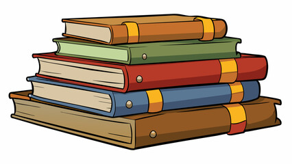 Poster - A stack of heavy books stacked on top of each other imposing their weight and presence on the desk. The spines of the books are worn and creased. Cartoon Vector.