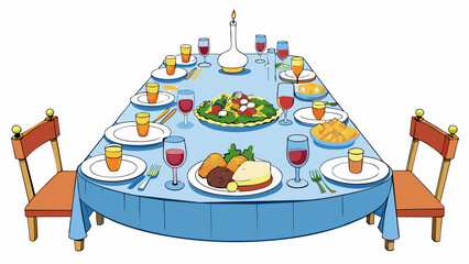 Poster - A table set for a feast with plates lery and glasses for many guests reflecting an abundance of food and company.. Cartoon Vector.