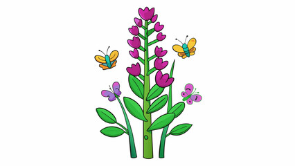 Sticker - A tall leafy plant with vibrant green stems and delicate petals in shades of purple pink and white. It thrives in sunny climates and can attract. Cartoon Vector.