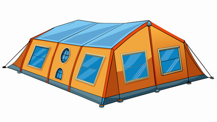 Sticker - A tent is set up in a refugee camp as temporary shelter. The tent is made of sy material and has multiple windows for ventilation providing protection. Cartoon Vector.