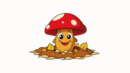 Sticker - A tiny mushroom peeked out from underneath a bed of fallen leaves its vibrant red cap no bigger than a fingernail. It seemed to be reaching towards. Cartoon Vector.