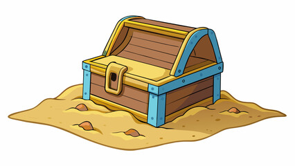 Sticker - A treasure chest buried deep in the sand on a deserted beach its lid ly visible but still offering protection to its precious contents.. Cartoon Vector.