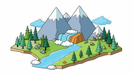 Poster - A trip to the mountains As you trek through the rugged mountainside pine trees tower overhead and a crisp cool air fills your lungs. The rocky terrain. Cartoon Vector.