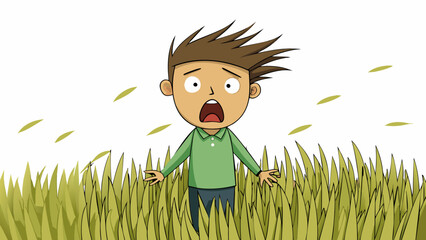 Poster - A wide open field with tall grass rustling in the wind as a person stands in the middle letting out a fierce roar of frustration.. Cartoon Vector.