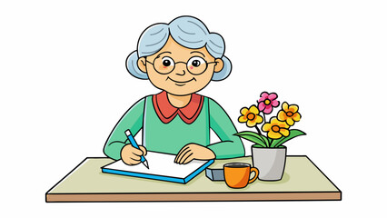 Canvas Print - A woman in her 50s sitting at a kitchen table with a colorful bouquet of flowers in front of her. She is writing in a journal with a fountain pen and. Cartoon Vector.