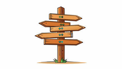 Wall Mural - A wooden signpost at a crossroads with multiple arrows pointing in different directions and the addresses of nearby towns and cities carved into the. Cartoon Vector.