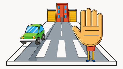 Sticker - An extended hand with a palm facing out instructing drivers to stop and wait for pedestrians to cross the street.. Cartoon Vector.