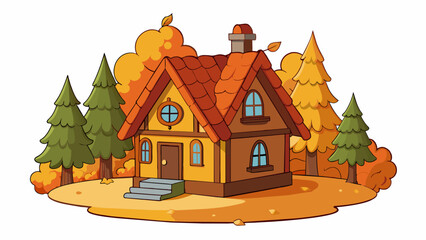 Poster - As the crisp autumn leaves parted ways a winding path appeared leading to a quaint cottage nestled in the dense forest its warm lights beckoning.. Cartoon Vector.