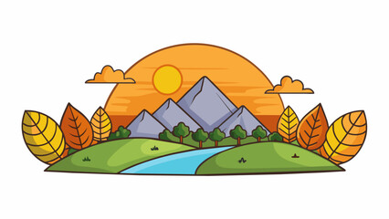 Wall Mural - As the sun set behind the mountains a sense of calm and contentment settled over the quiet countryside with only the occasional sound of rustling. Cartoon Vector.