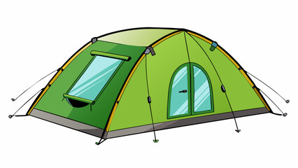 Wall Mural - At the campground Scout is a compact green tent with a rain fly and aluminum poles. It has a zippered entrance and a small window on one side.. Cartoon Vector.