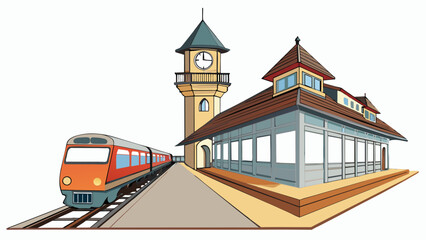 Canvas Print - At the end of the rail line a large imposing train station stands tall its clock tower looming over the tracks. A row of decorative lights line the. Cartoon Vector.