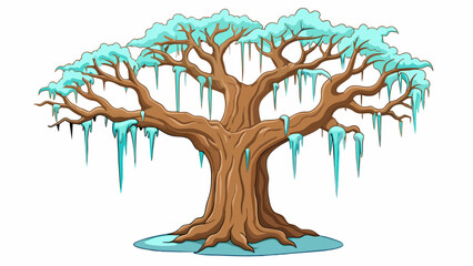 Sticker - During the winter the branches of the old oak tree would occasionally be adorned with glistening icicles. They sparkled in the sunlight adding a touch. Cartoon Vector.