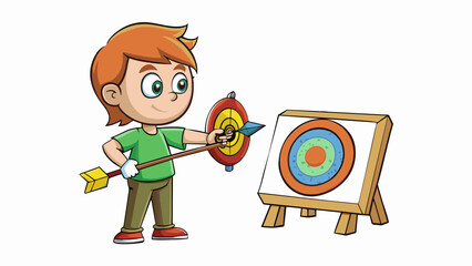 Sticker - Eye on the prize A young child holding a slingshot taking aim at a homemade cardboard target decorated with colorful drawings. The object in focus is. Cartoon Vector.