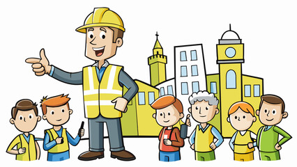 Sticker - In a bustling city a guide is dressed in a bright yellow vest holding a map and a microphone. They lead a group of tourists on a walking tour. Cartoon Vector.