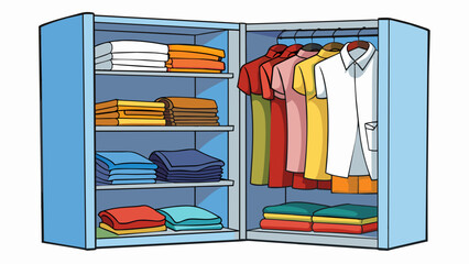 Canvas Print - In the closet there are stacks of neatly folded clothes arranged by color and type. The shirts are all facing the same way with their sleeves tucked. Cartoon Vector.