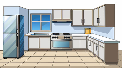 Sticker - Internal A kitchen with modern appliances and sleek granite countertops. The cabinets are a crisp white and neatly organized with silver handles. Cartoon Vector.