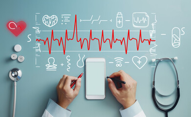 Poster - Close up photo of doctor writing on phone with red heart line and heartbeat graphic, light blue background