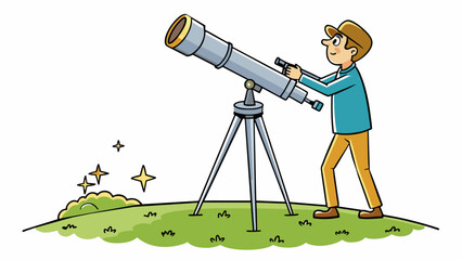 Poster - Shooting for the stars An amateur astronomer setting up his telescope on a hill trying to aim it towards the bright stars in the night sky. The. Cartoon Vector.