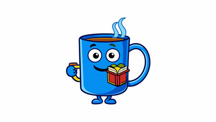 Poster - The bright blue mug accompanies the bookworm on their reading adventures always filled with a steaming cup of tea. Its handle is comfortably curved to. Cartoon Vector.