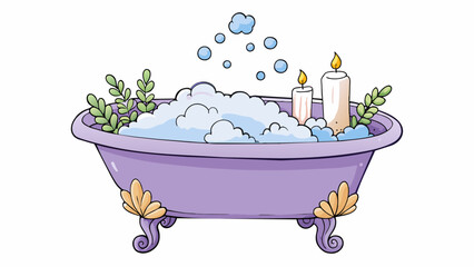 Canvas Print - The bubble bath is filled with soft foamy bubbles and the warm water is scented with lavender and chamomile. The soft candlelight dances on the. Cartoon Vector.