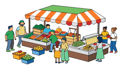 Wall Mural - The broad bustling marketplace is filled with vendors touting their wares from vibrant es and produce to handmade crafts and jewelry.. Cartoon Vector.