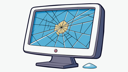 Sticker - The computer monitor was cracked and shattered its screen filled with lines of broken pixels. Its once smooth and sleek casing was now dented and. Cartoon Vector.