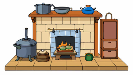 Wall Mural - The cooking mode in this kitchen is traditional and rustic. Pots and pans made of cast iron are used over a woodburning stove giving meals a smoky and. Cartoon Vector.