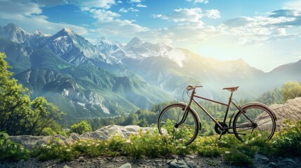 Wall Mural - bicycle with mountain background. space area for text