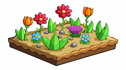 Wall Mural - The garden somehow managed to bloom with an abundance of colorful flowers despite the dry and rocky soil beneath it.. Cartoon Vector.