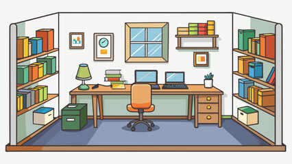 Wall Mural - The interview was conducted in a small cozy office with bookshelves lining the walls. The interviewers desk was cluttered with papers and folders but. Cartoon Vector.