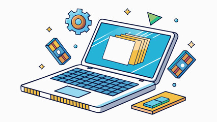 Poster - The laptop had a fast processor and a large storage capacity making it sufficient for running multiple programs and storing large files without. Cartoon Vector.