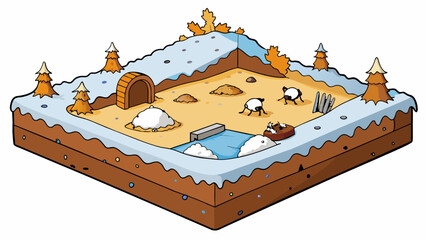 Sticker - The landscape in February is a mix of dormant brown fields and blankets of white snow with animals seeking shelter and burrowing underground until. Cartoon Vector.