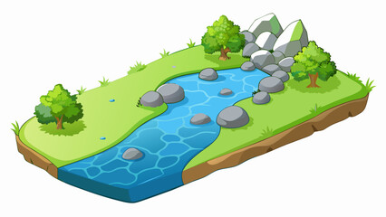 Sticker - The passage od up into a small clearing where a babbling brook flowed gently over smooth rounded pebbles. The crystalclear water shimmered in the. Cartoon Vector.