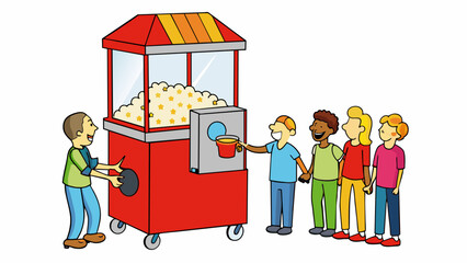 Wall Mural - The scent of freshly popped popcorn fills the air drawing a crowd over to a vendors stand. The machine is large and red and the kernels burst to life. Cartoon Vector.